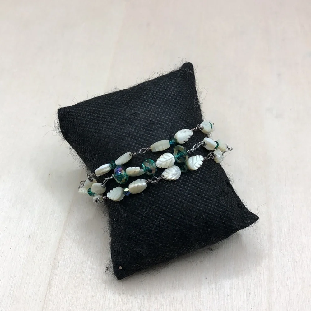 Artisan handcrafted handmade carved mother of pearl leafy bracelet, boho.